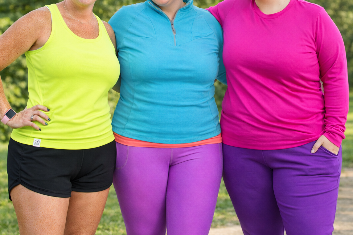 Three women in colorful athletic wear standing outdoors with trees in the background